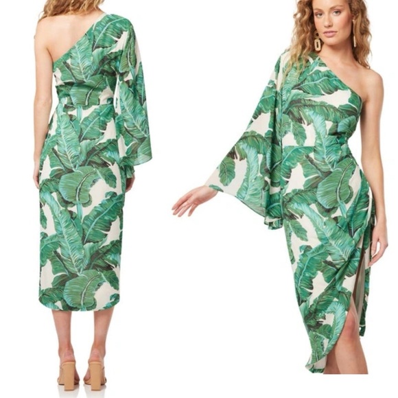 Elliatt Tory One-Shoulder Shift Asymmetrical Hi Low Palm Floral Print Midi Dress - Picture 2 of 12